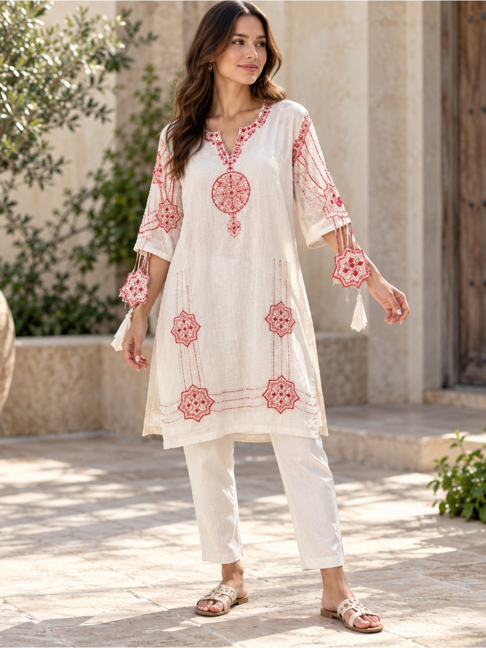 Aysha Garments Ivory Red Embroidered Beaded Kurta Tunic Top Small